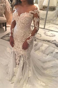 Long Sleeve Off-the-Shoulder Beaded Mermaid Wedding Dress with Lace Appliques BM bride