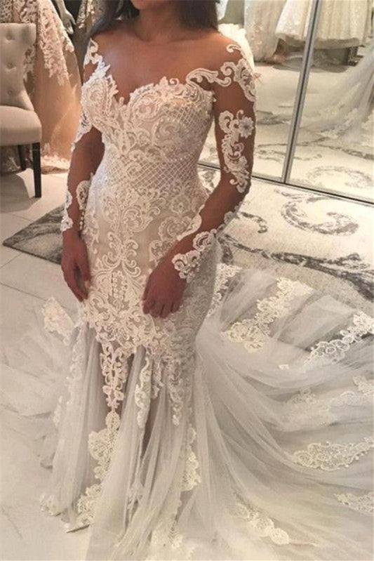 Long Sleeve Off-the-Shoulder Beaded Mermaid Wedding Dress with Lace Appliques BM bride