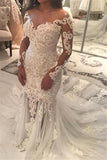 Long Sleeve Off-the-Shoulder Beaded Mermaid Wedding Dress with Lace Appliques BM bride