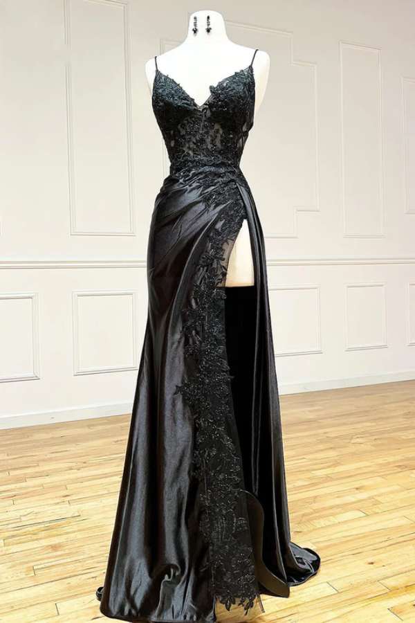 Black Lace Printed Long Prom Dress with High Slit BM bride
