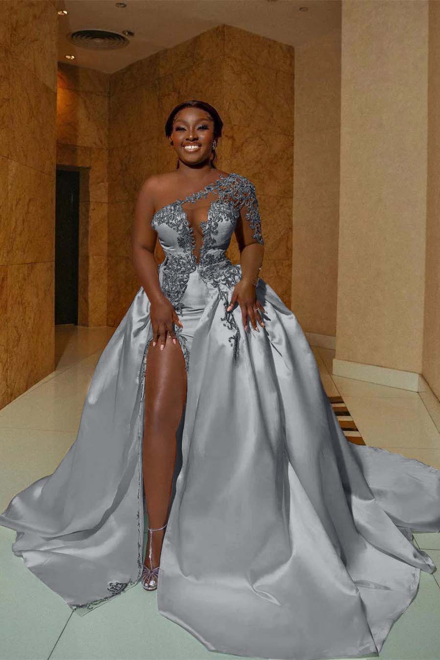 One Shoulder Sleeveless Long Split Prom Dress With Appliques BMBRIDE