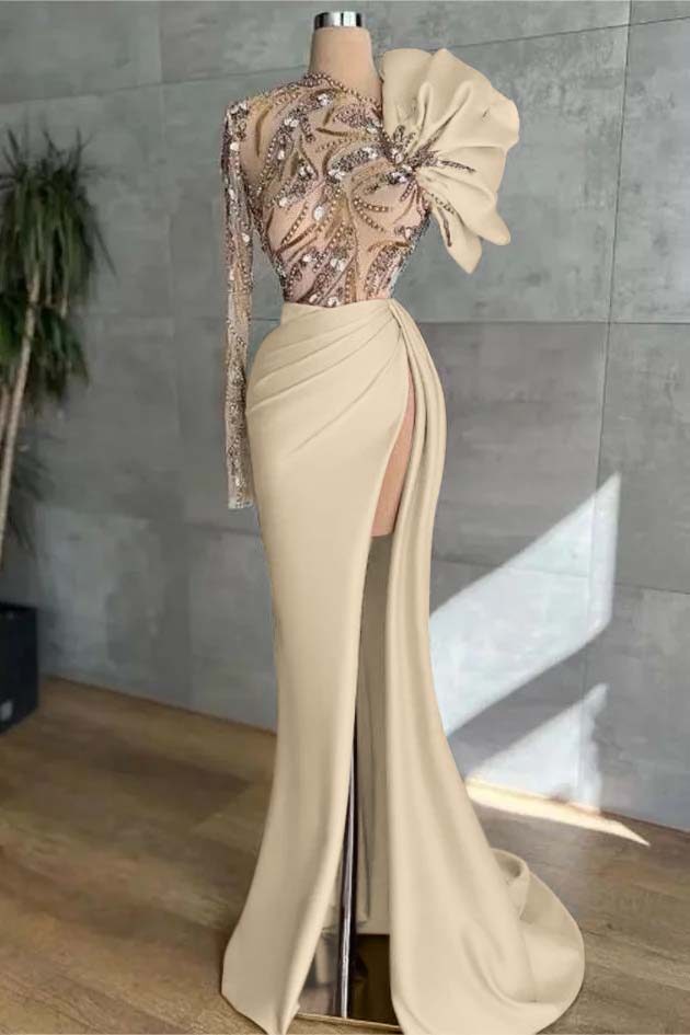Long Sleeves Long Mermaid Prom Dress With High Split Appliques BMBRIDE