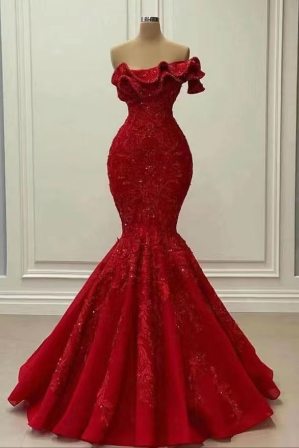 Red Elegant Strapless Sequined Mermaid Prom Dress On Sale BM bride