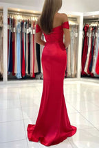 Red Off-the-Shoulder Long Prom Dress with Split BM bride