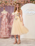 Enchanting 3D Flower Tulle Tea Length Prom Dress BM bride