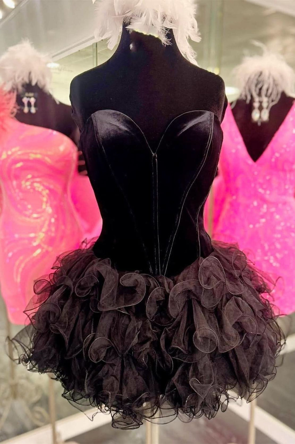 Stylish Black Velvet Strapless Ruffles Short Homecoming Dress BM bride