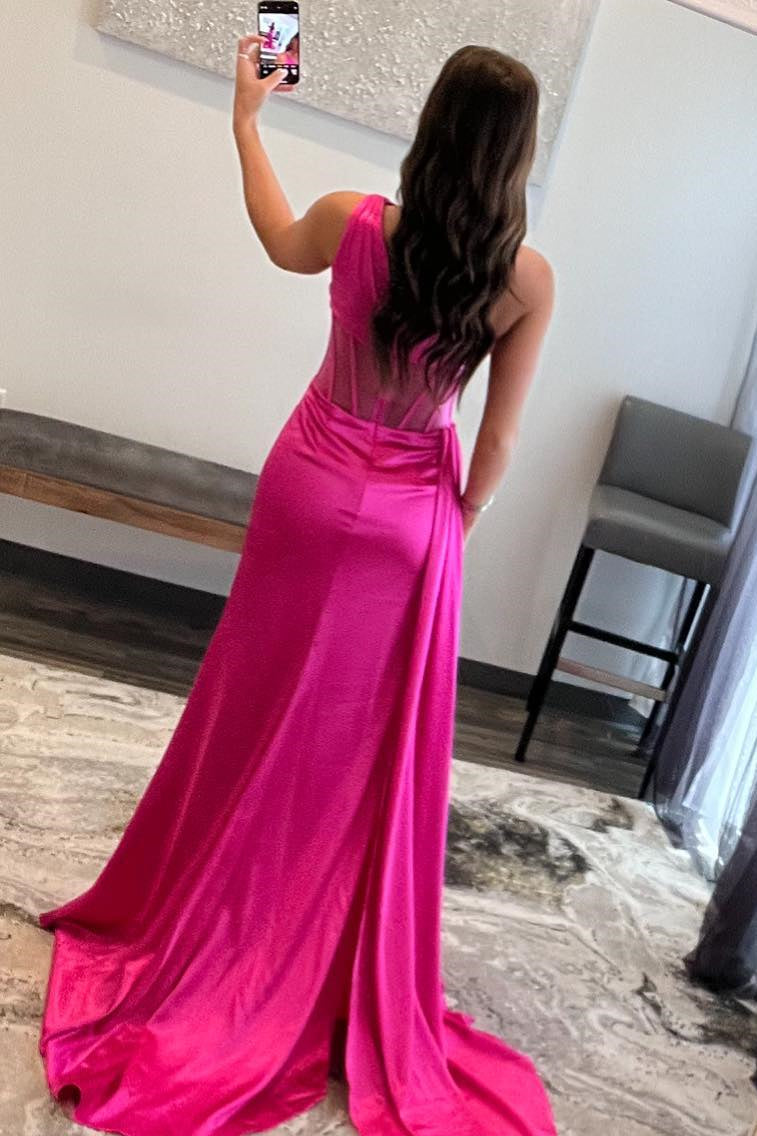 Elegant Sheath One Shoulder Pleated Satin Long Prom Dress BM bride