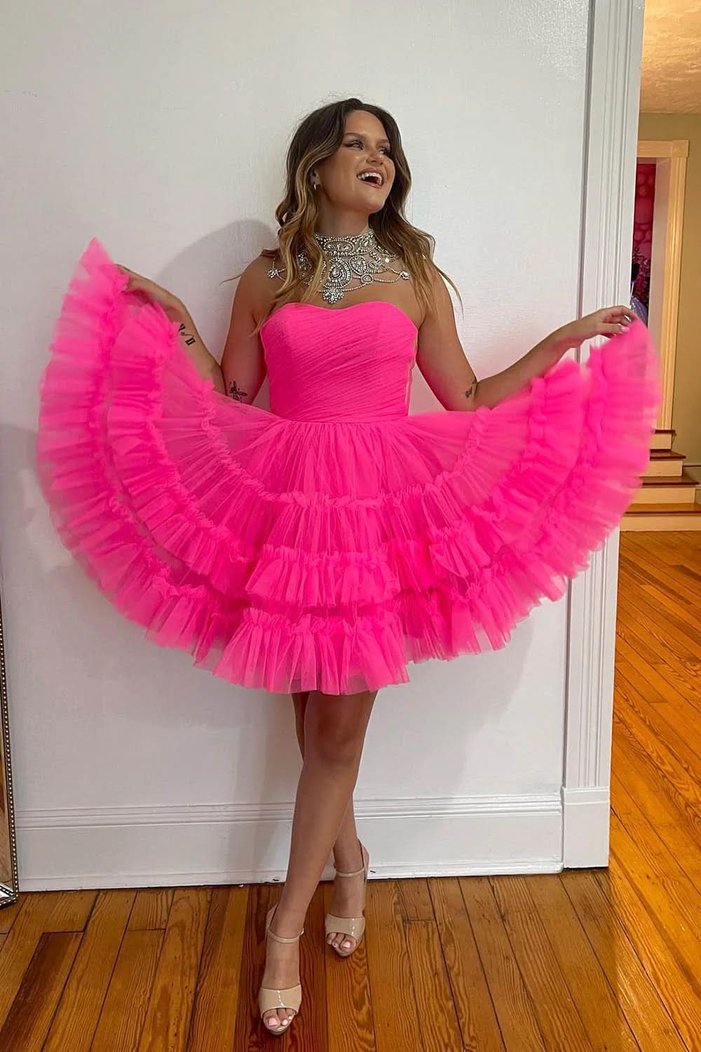 Sweetheart Tulle Tiered Corset A-Line Short Homecoming Dress in Fuchsia BM bride