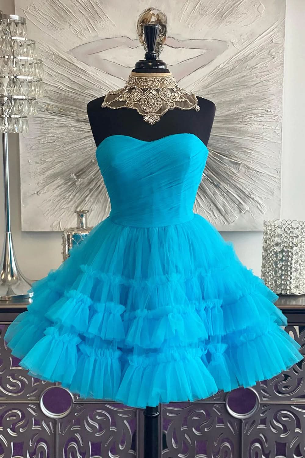 Sweetheart Tulle Tiered Corset A-Line Short Homecoming Dress in Fuchsia BM bride