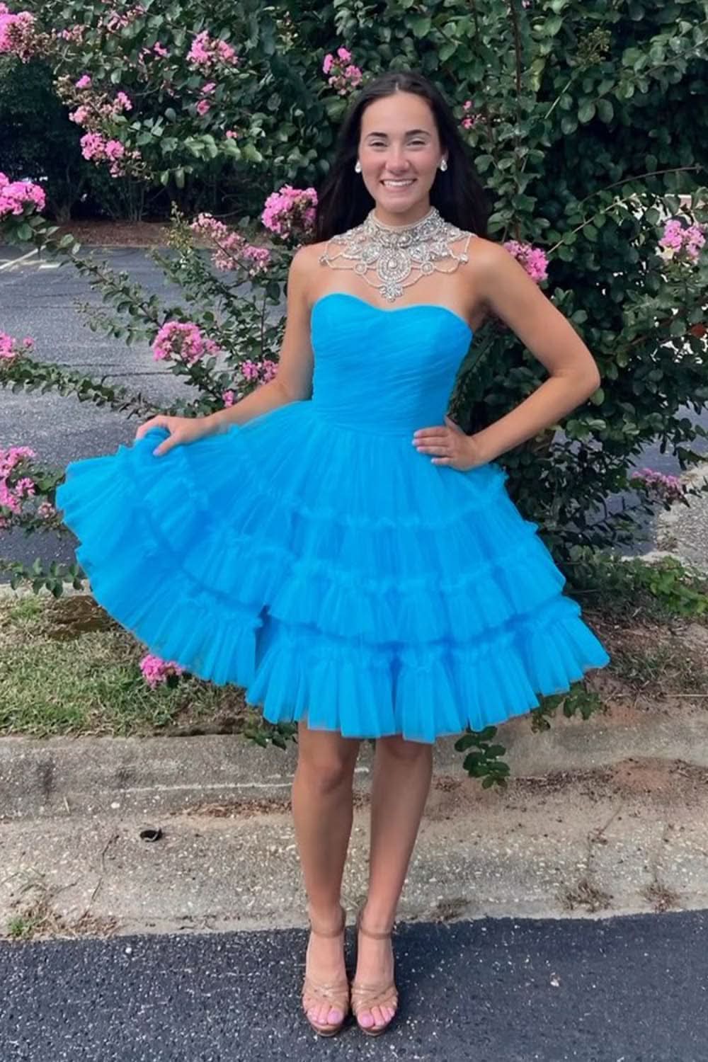 Sweetheart Tulle Tiered Corset A-Line Short Homecoming Dress in Fuchsia BM bride