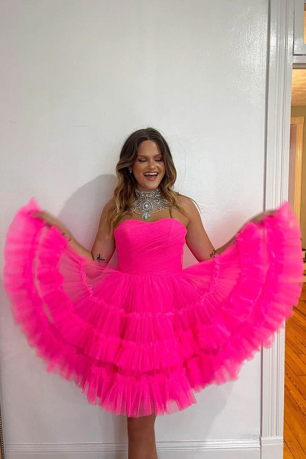 Sweetheart Tulle Tiered Corset A-Line Short Homecoming Dress in Fuchsia BM bride