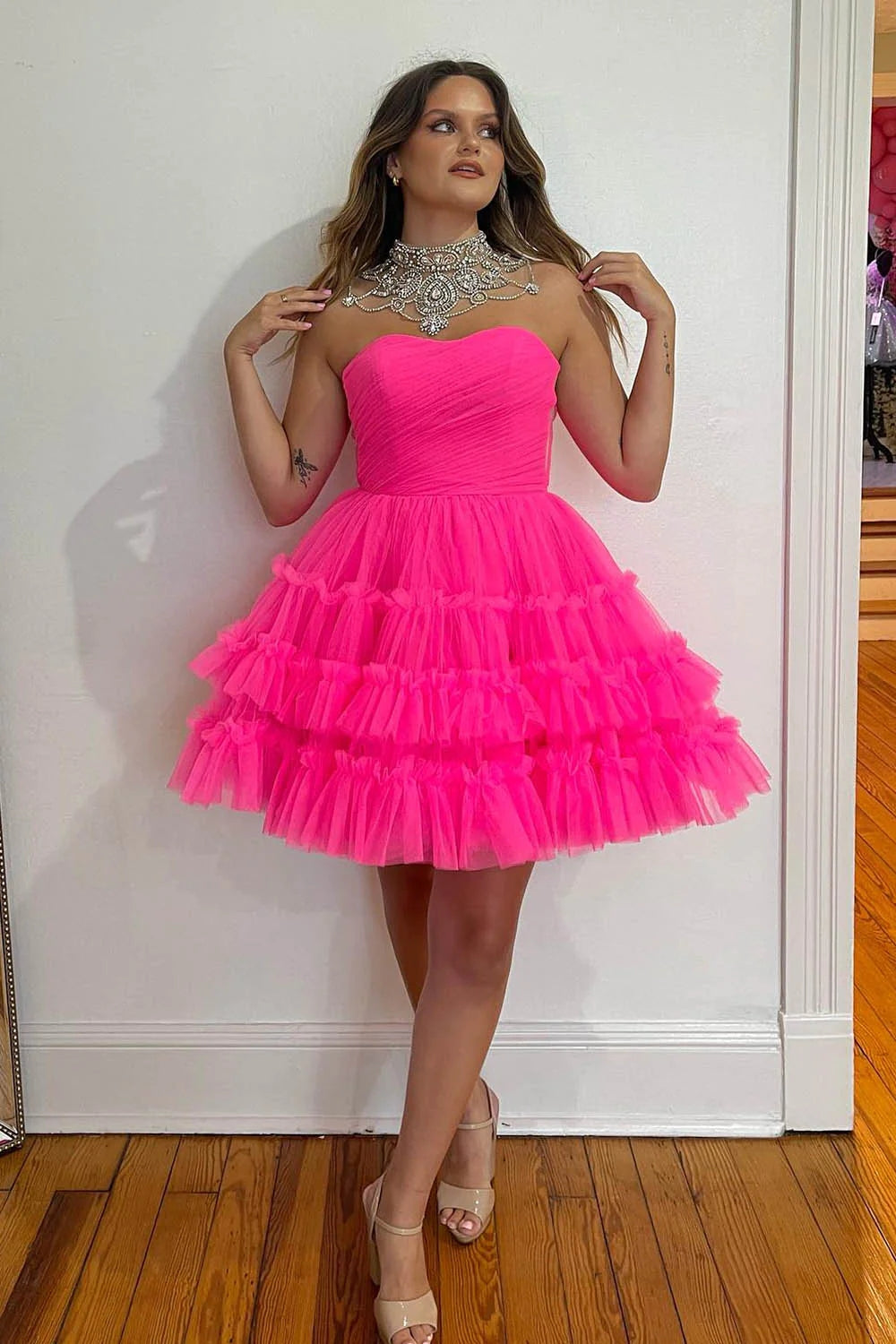 Sweetheart Tulle Tiered Corset A-Line Short Homecoming Dress in Fuchsia BM bride