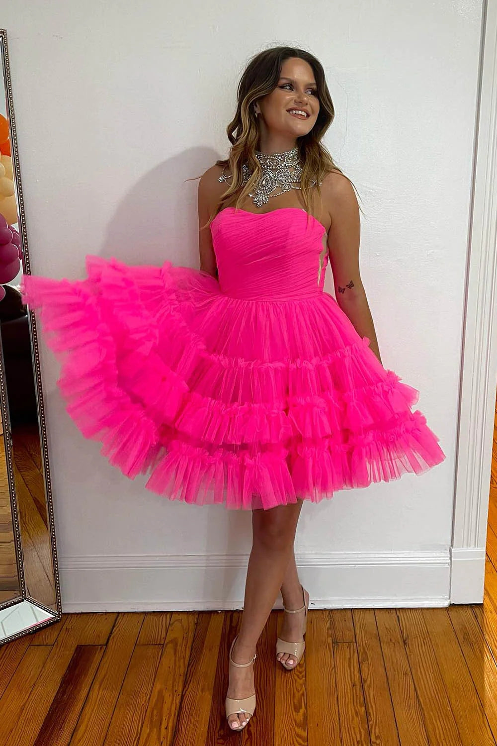 Sweetheart Tulle Tiered Corset A-Line Short Homecoming Dress in Fuchsia BM bride