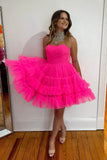 Sweetheart Tulle Tiered Corset A-Line Short Homecoming Dress in Fuchsia BM bride
