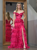 Captivating Periwinkle Tulle Appliques Off-the-Shoulder Ruffle Long Prom Dress for a Romantic Feel BM bride