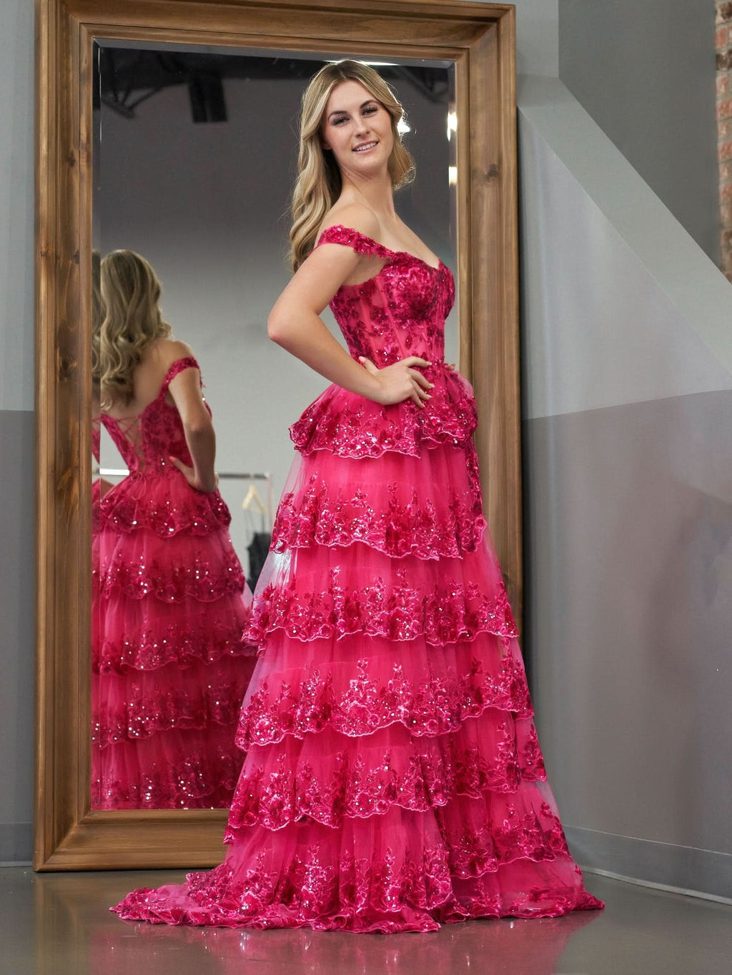 Captivating Periwinkle Tulle Appliques Off-the-Shoulder Ruffle Long Prom Dress for a Romantic Feel BM bride