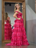 Captivating Periwinkle Tulle Appliques Off-the-Shoulder Ruffle Long Prom Dress for a Romantic Feel BM bride
