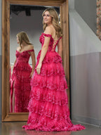 Captivating Periwinkle Tulle Appliques Off-the-Shoulder Ruffle Long Prom Dress for a Romantic Feel BM bride