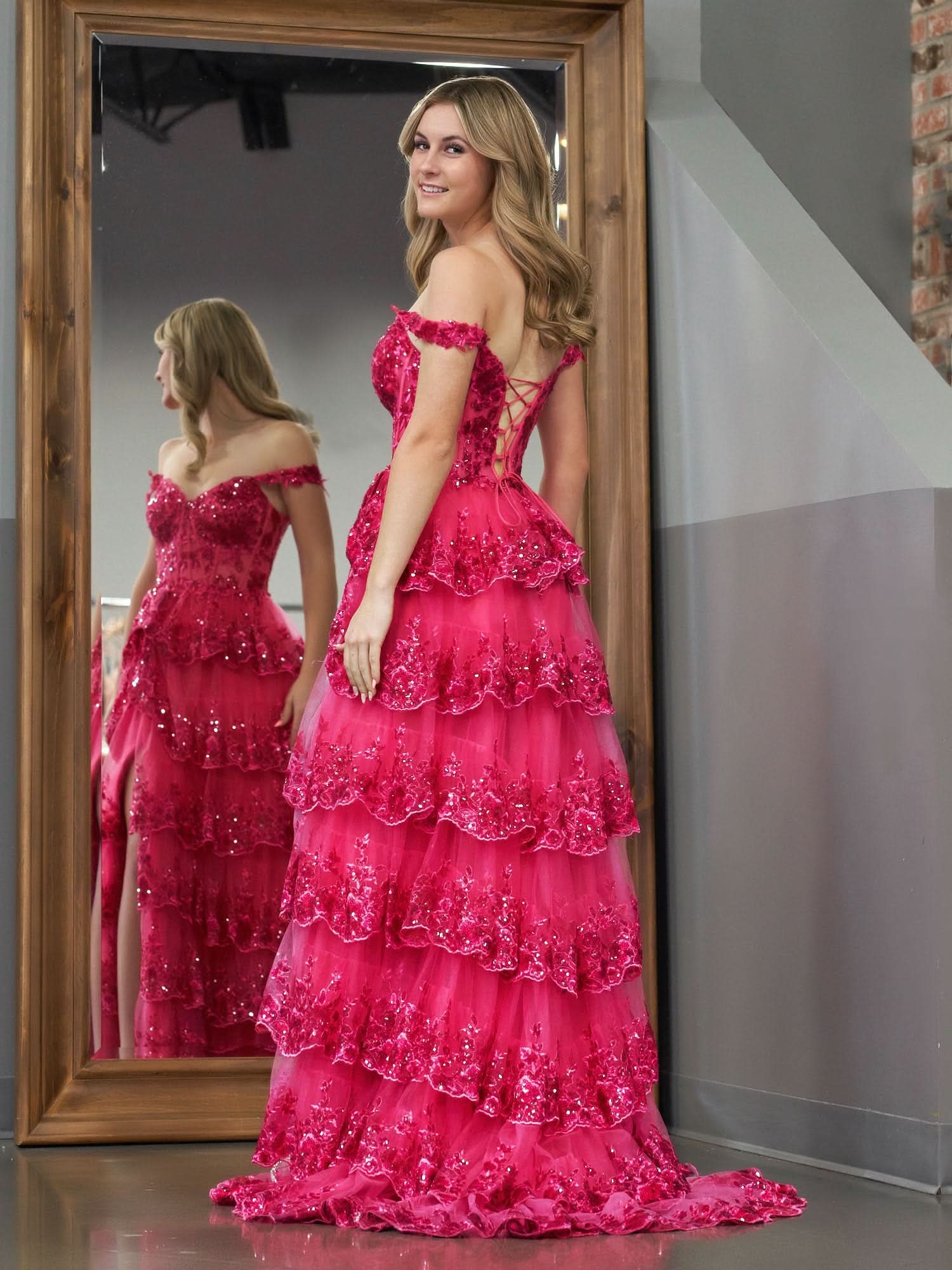 Captivating Periwinkle Tulle Appliques Off-the-Shoulder Ruffle Long Prom Dress for a Romantic Feel BM bride