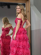 Captivating Periwinkle Tulle Appliques Off-the-Shoulder Ruffle Long Prom Dress for a Romantic Feel BM bride