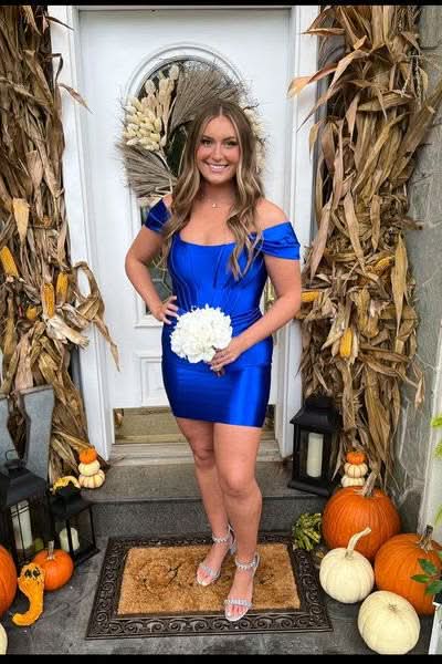 Sophisticated Off-the-Shoulder Satin Homecoming Dress BM bride