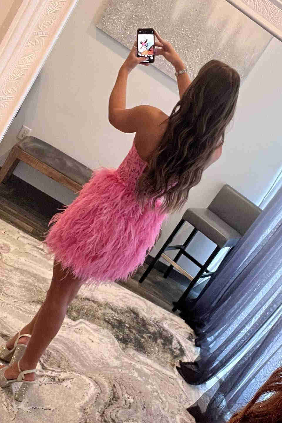 Beautiful Sheath Sweetheart Lace Feather Skirt Homecoming Dress BM bride