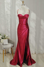 Radiant Hot Pink Spaghetti Straps Satin Mermaid Prom Dress with Slit BM bride