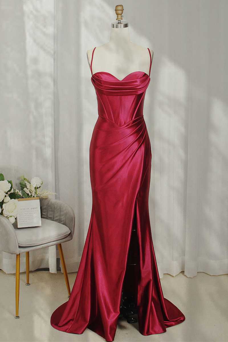 Radiant Hot Pink Spaghetti Straps Satin Mermaid Prom Dress with Slit BM bride