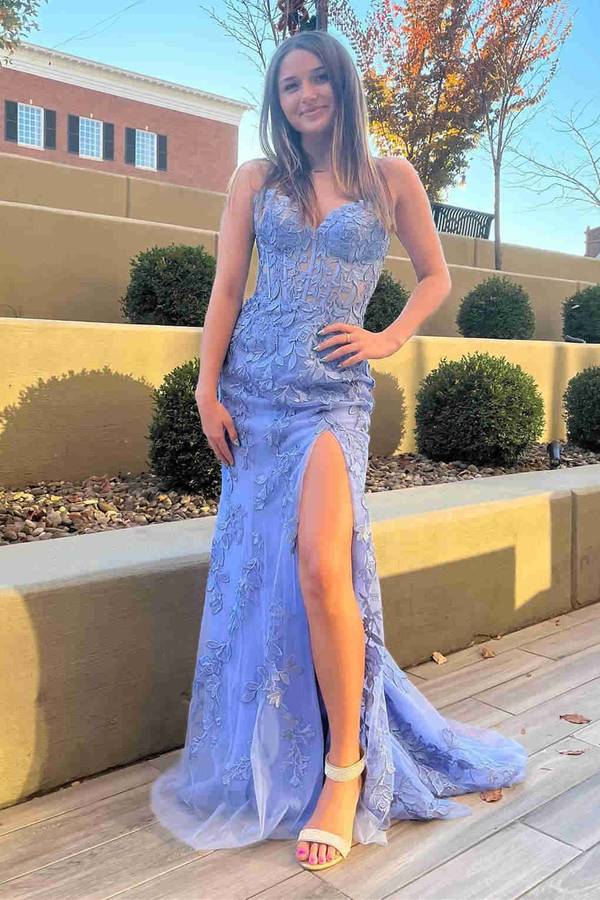 Glamorous Mermaid Strapless Corset Lace Prom Dress Featuring a Sultry Slit BM bride