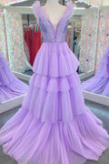 Stunning Sequin Top Lavender Tiered Tulle Long Formal Dress BM bride