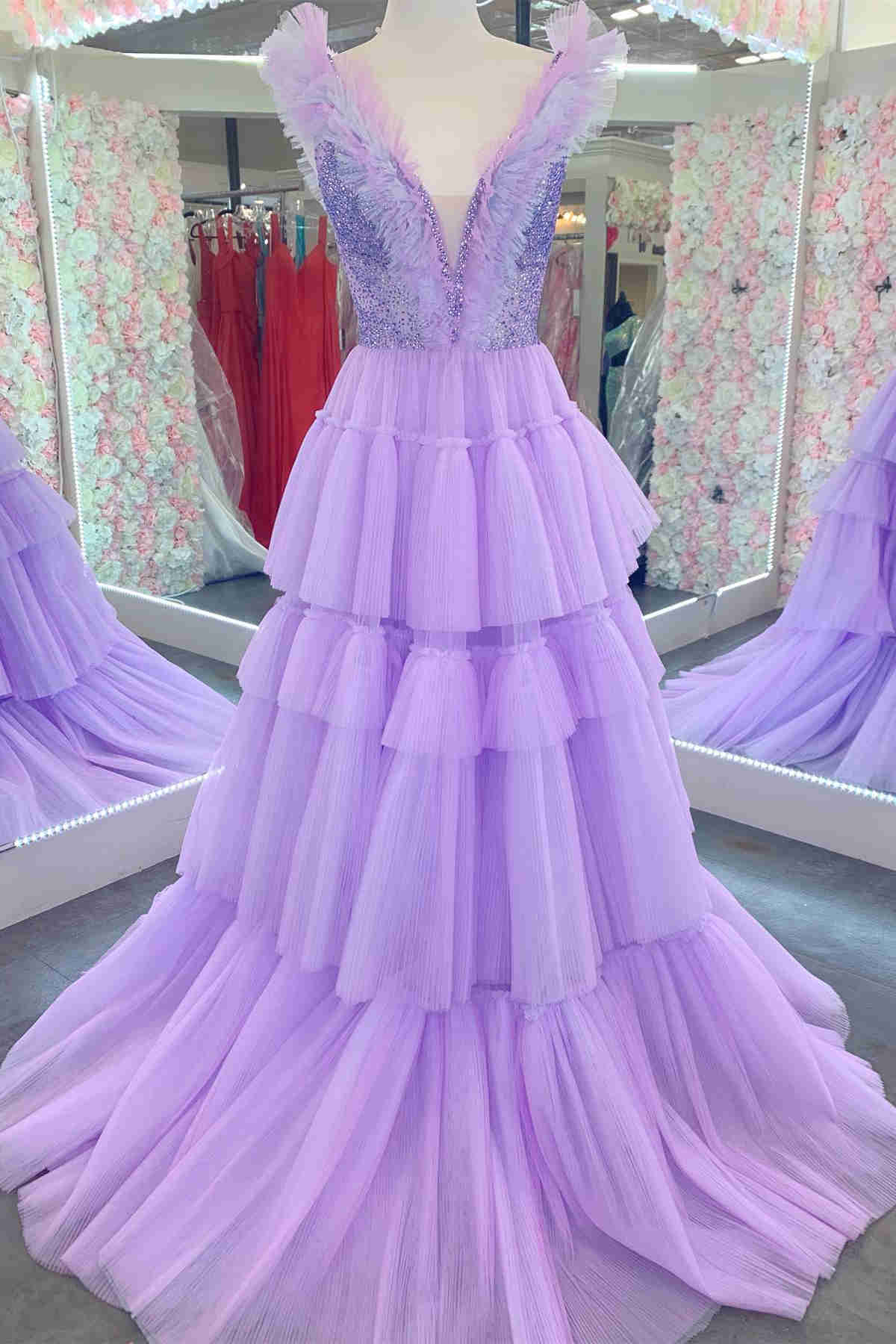 Stunning Sequin Top Lavender Tiered Tulle Long Formal Dress BM bride