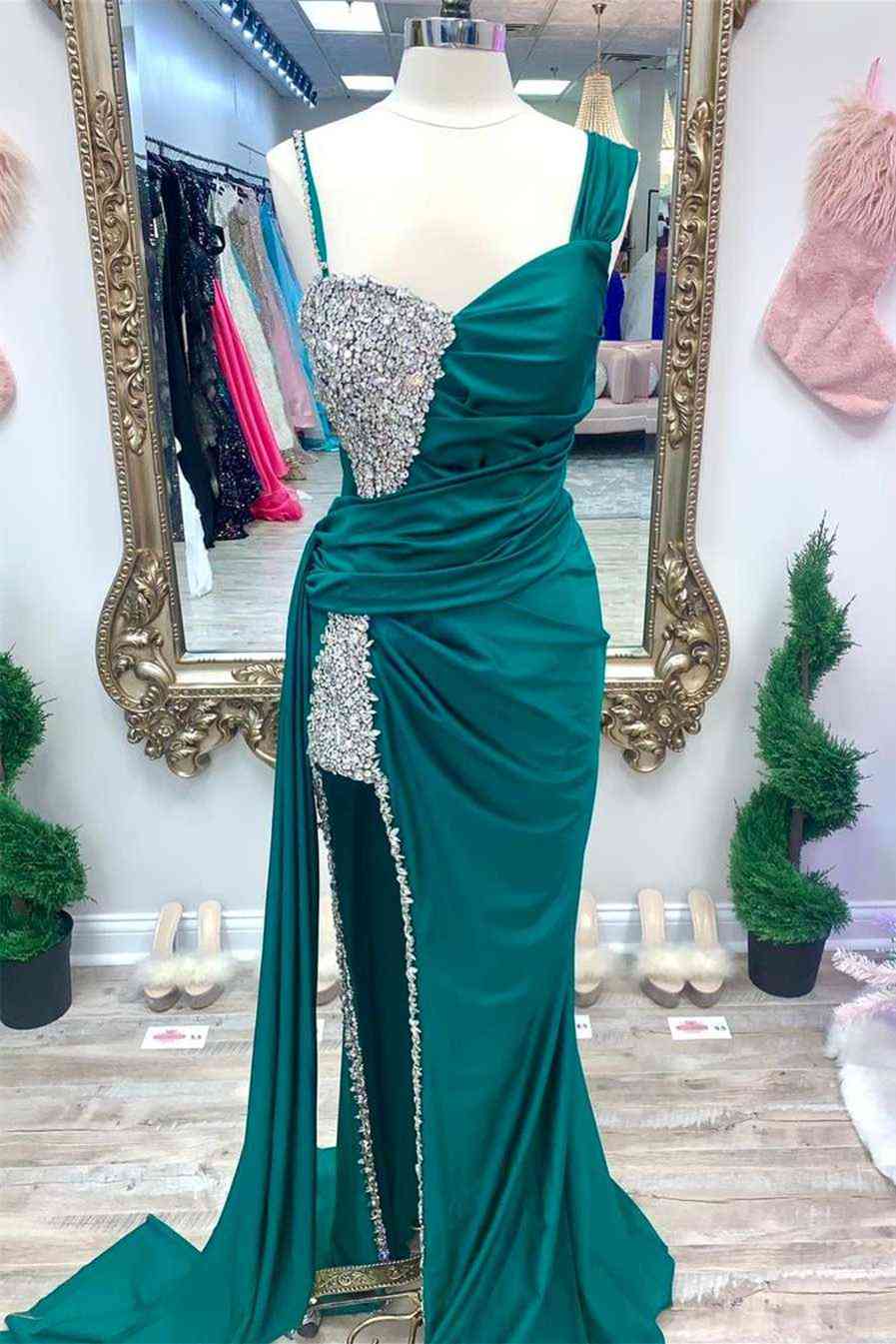 Unique Chic Asymmetrical Fuchsia Beaded Long Prom Dress BM bride