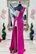 Unique Chic Asymmetrical Fuchsia Beaded Long Prom Dress BM bride