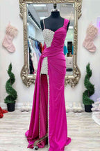 Unique Chic Asymmetrical Fuchsia Beaded Long Prom Dress BM bride
