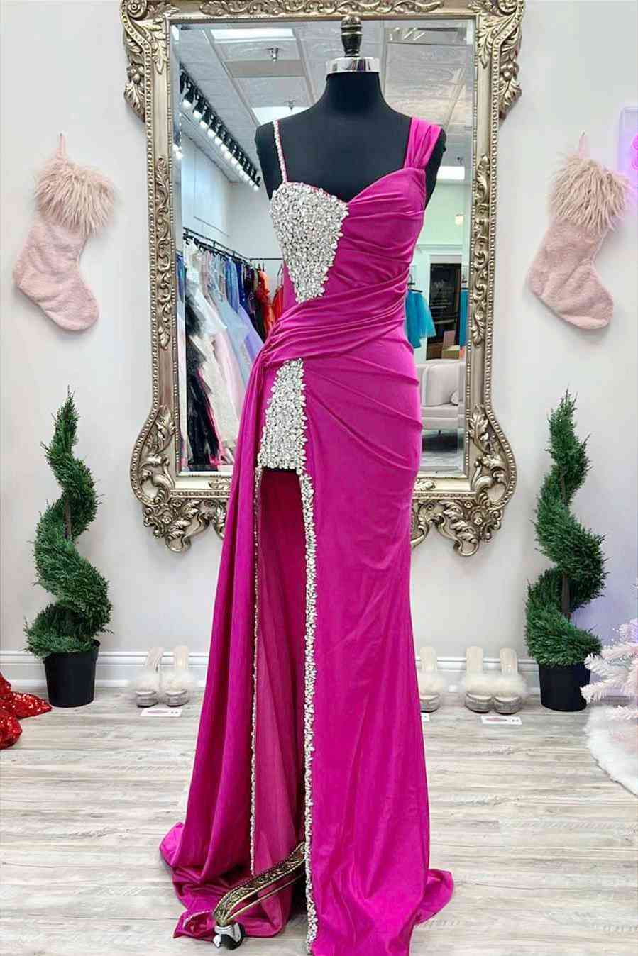 Unique Chic Asymmetrical Fuchsia Beaded Long Prom Dress BM bride