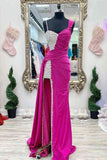 Unique Chic Asymmetrical Fuchsia Beaded Long Prom Dress BM bride