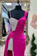 Unique Chic Asymmetrical Fuchsia Beaded Long Prom Dress BM bride
