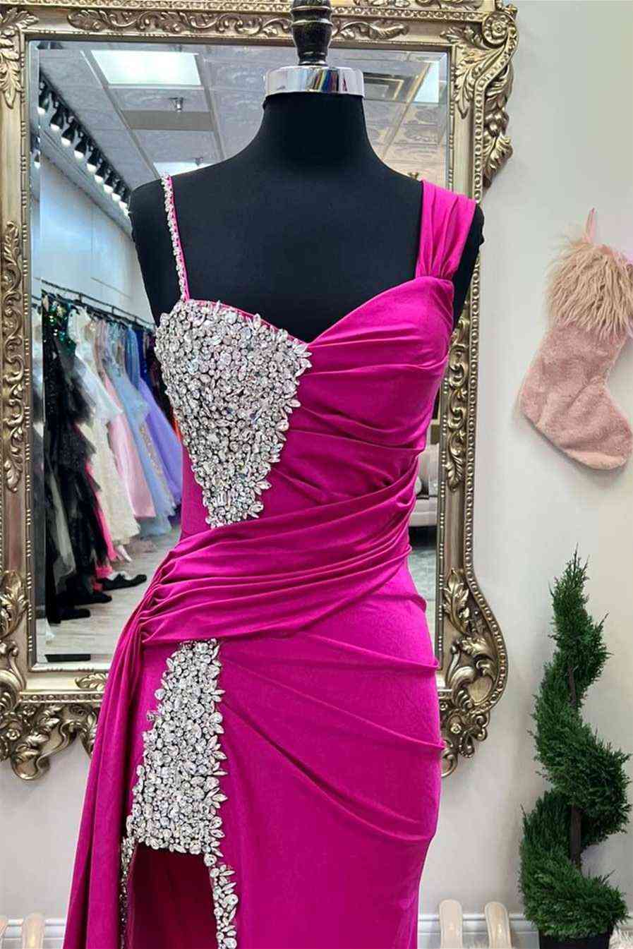 Unique Chic Asymmetrical Fuchsia Beaded Long Prom Dress BM bride