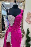 Unique Chic Asymmetrical Fuchsia Beaded Long Prom Dress BM bride