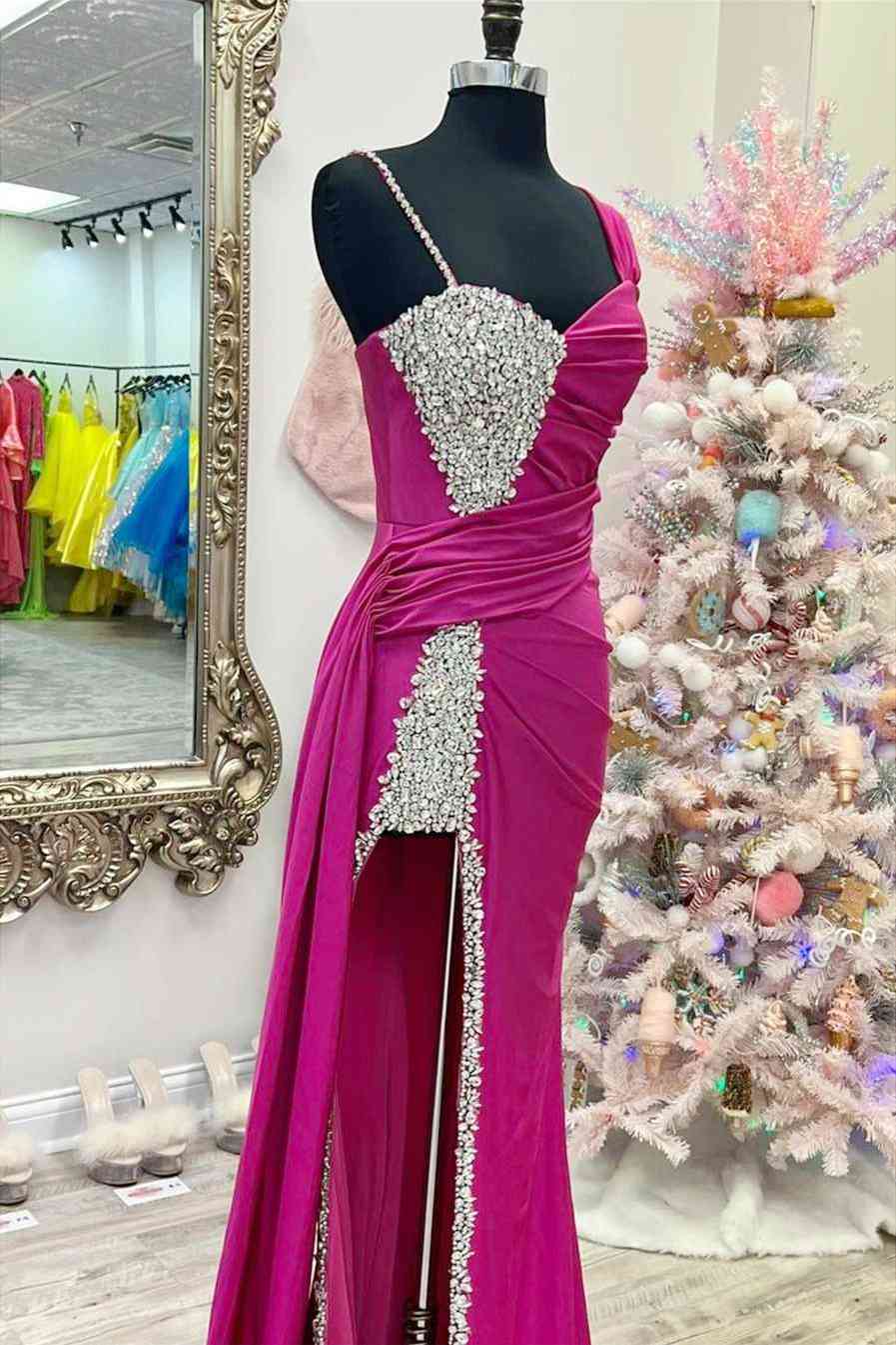 Unique Chic Asymmetrical Fuchsia Beaded Long Prom Dress BM bride