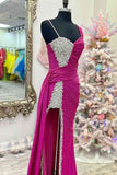 Unique Chic Asymmetrical Fuchsia Beaded Long Prom Dress BM bride