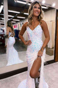 Beautiful Mermaid V Neck Sequins Long Prom Dress with Slit BM bride