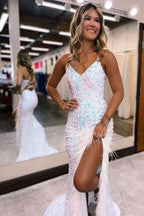 Beautiful Mermaid V Neck Sequins Long Prom Dress with Slit BM bride