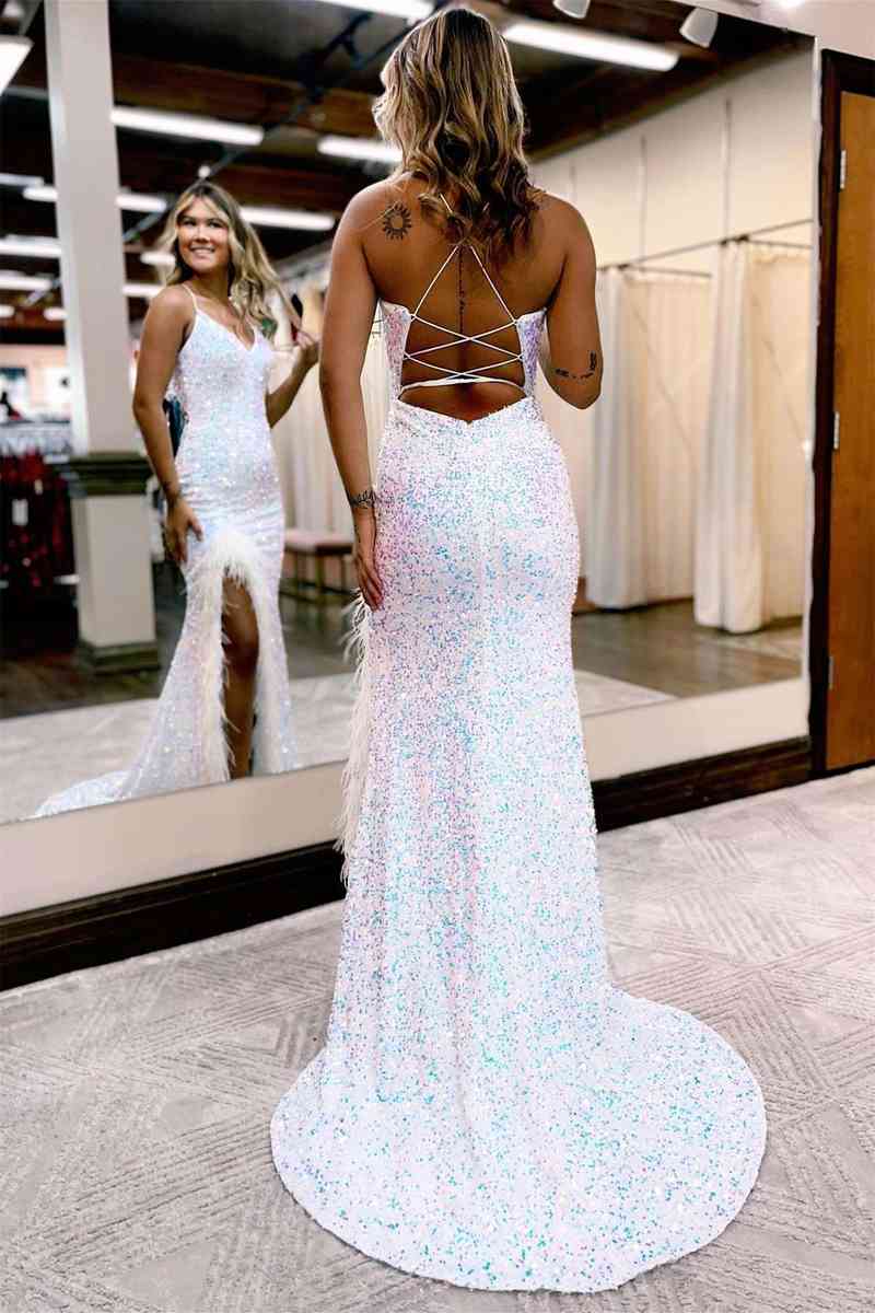 Beautiful Mermaid V Neck Sequins Long Prom Dress with Slit BM bride
