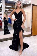 Beautiful Mermaid V Neck Sequins Long Prom Dress with Slit BM bride