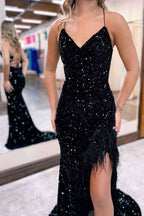 Beautiful Mermaid V Neck Sequins Long Prom Dress with Slit BM bride