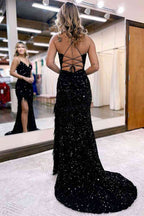 Beautiful Mermaid V Neck Sequins Long Prom Dress with Slit BM bride