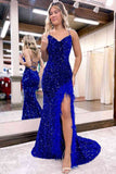 Beautiful Mermaid V Neck Sequins Long Prom Dress with Slit BM bride
