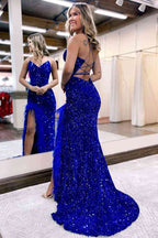 Beautiful Mermaid V Neck Sequins Long Prom Dress with Slit BM bride