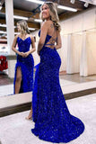 Beautiful Mermaid V Neck Sequins Long Prom Dress with Slit BM bride